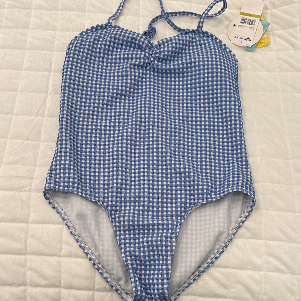 Roxy Blue Gingham Kids Swimsuit girls size 14 - NWT